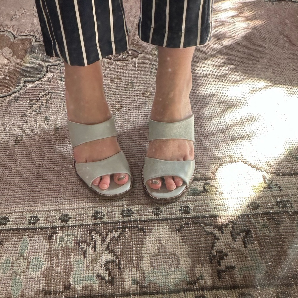 Intentionally blank light blue leather heels